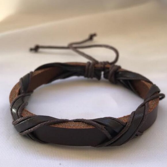 Brown Wrap Braided Leather Handmade Bracelet Adjustable Wristband - Picture 1 of 2